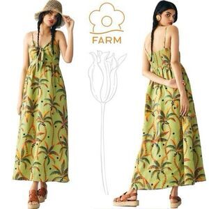 Farm Rio Tie-Front Linen Dress Size Small Green Palm Trees Sleeveless Tropical